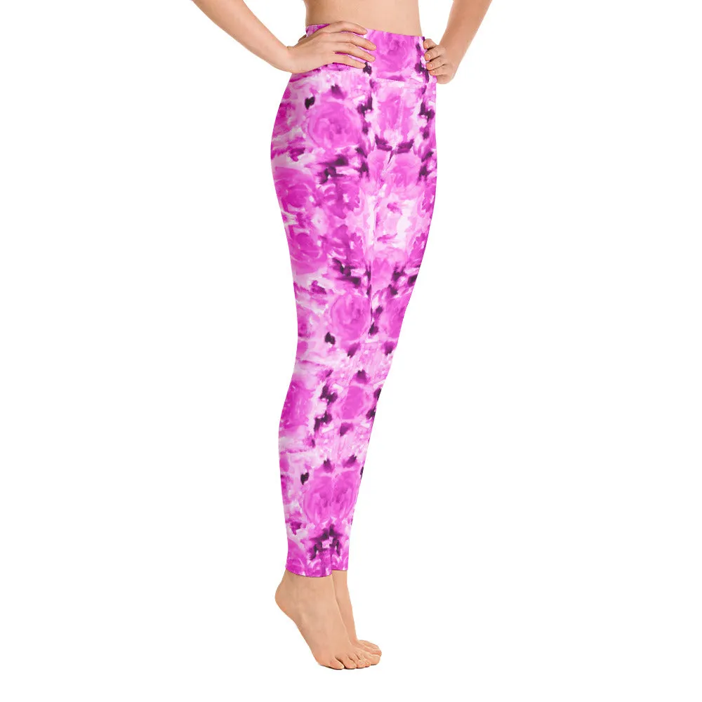 Hot Pink Floral Yoga Leggings, Best Rose Flower Print Athletic Long Tights-Made in USA/EU/MX