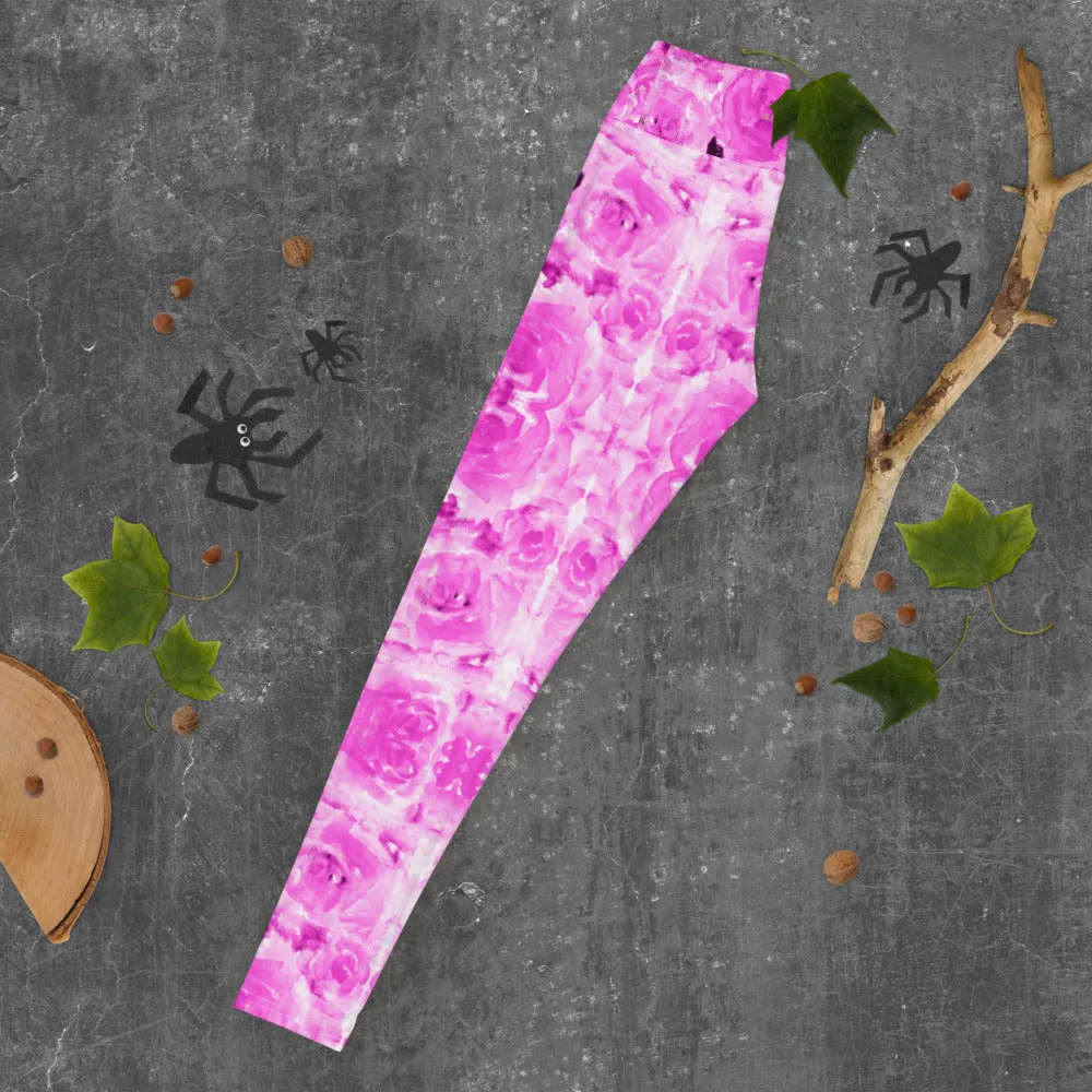 Hot Pink Floral Yoga Leggings, Best Rose Flower Print Athletic Long Tights-Made in USA/EU/MX