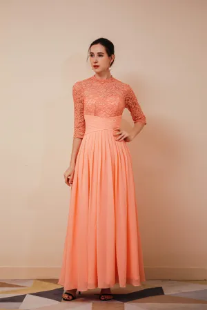 Lace Chiffon Long Zipper Back Mother of the Bride Dresses With Sleeves