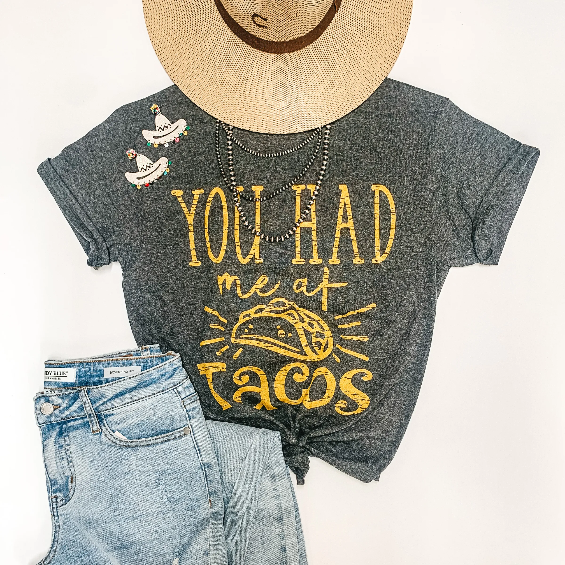 Last Chance Size Small, XL & 2XL | You Had Me at Tacos Short Sleeve Graphic Tee in Charcoal Grey