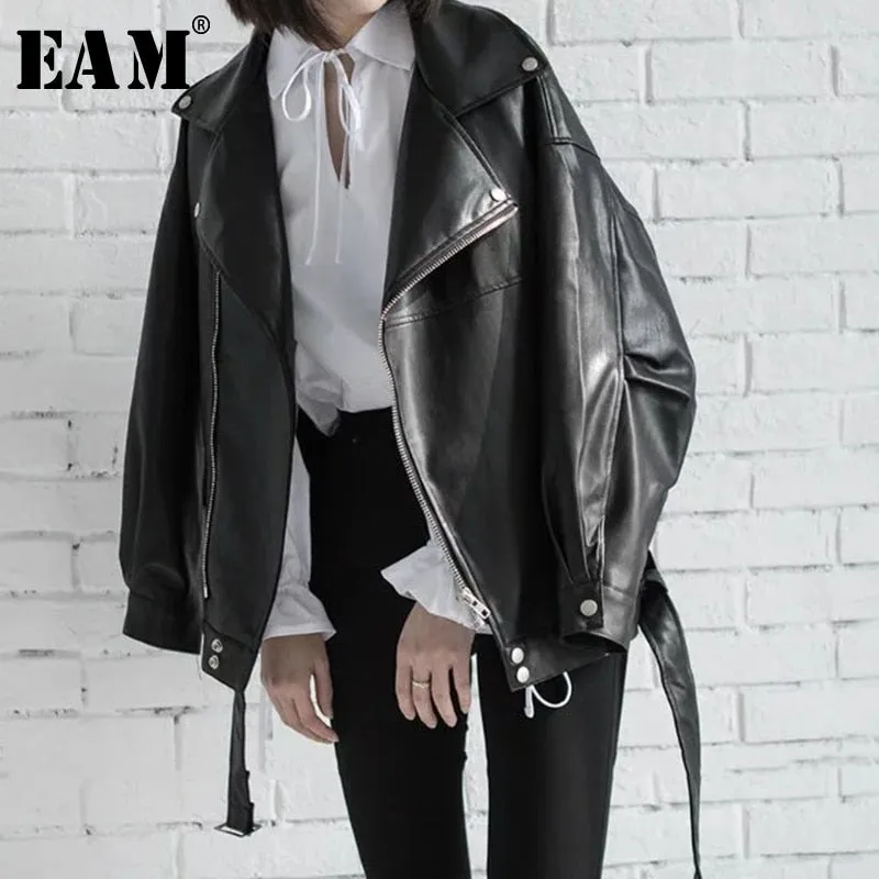 Leather Jackets High Quality 2019 Spring Black PU Leather Loose Turn-down Collar Zipper Fashion