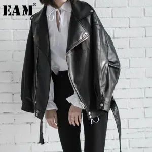 Leather Jackets High Quality 2019 Spring Black PU Leather Loose Turn-down Collar Zipper Fashion