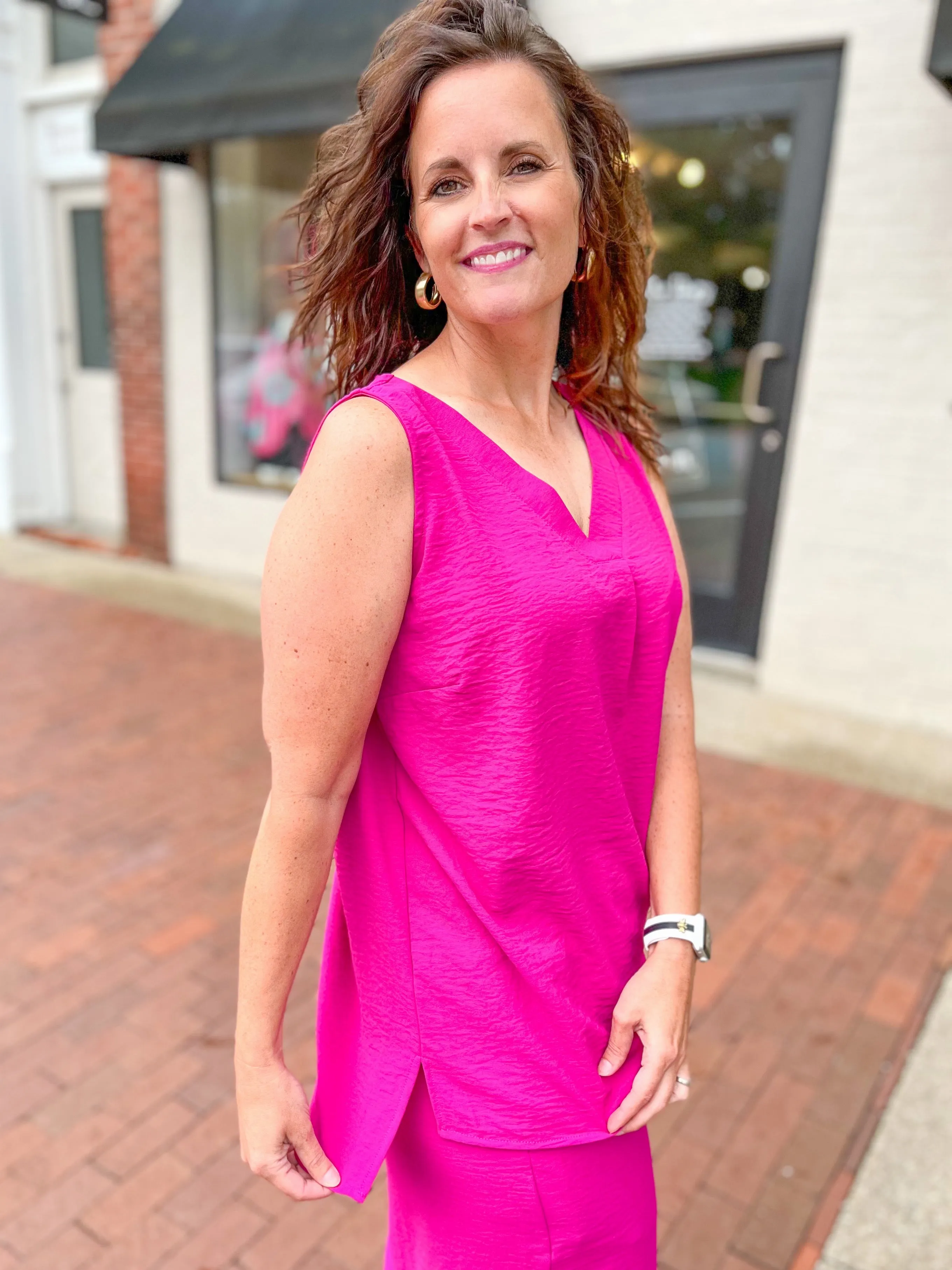Magenta Crinkle Tank & Wide Leg Pant Set