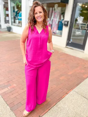 Magenta Crinkle Tank & Wide Leg Pant Set