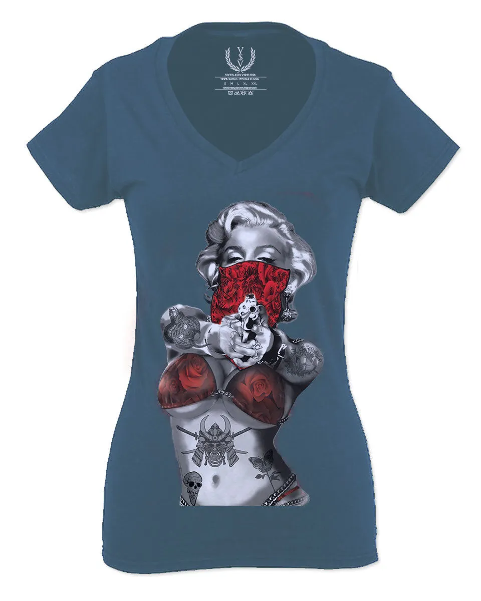 Marilyn Monroe Gangster Cool Graphic Hipster Red Roses Summer For Women V neck fitted T Shirt