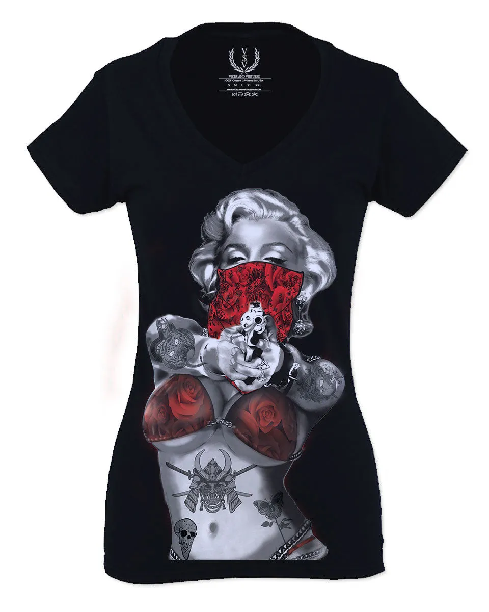Marilyn Monroe Gangster Cool Graphic Hipster Red Roses Summer For Women V neck fitted T Shirt