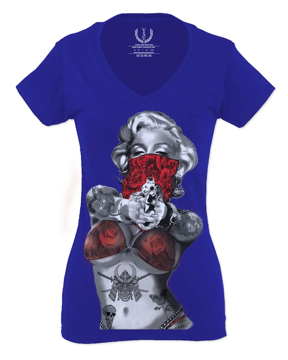 Marilyn Monroe Gangster Cool Graphic Hipster Red Roses Summer For Women V neck fitted T Shirt