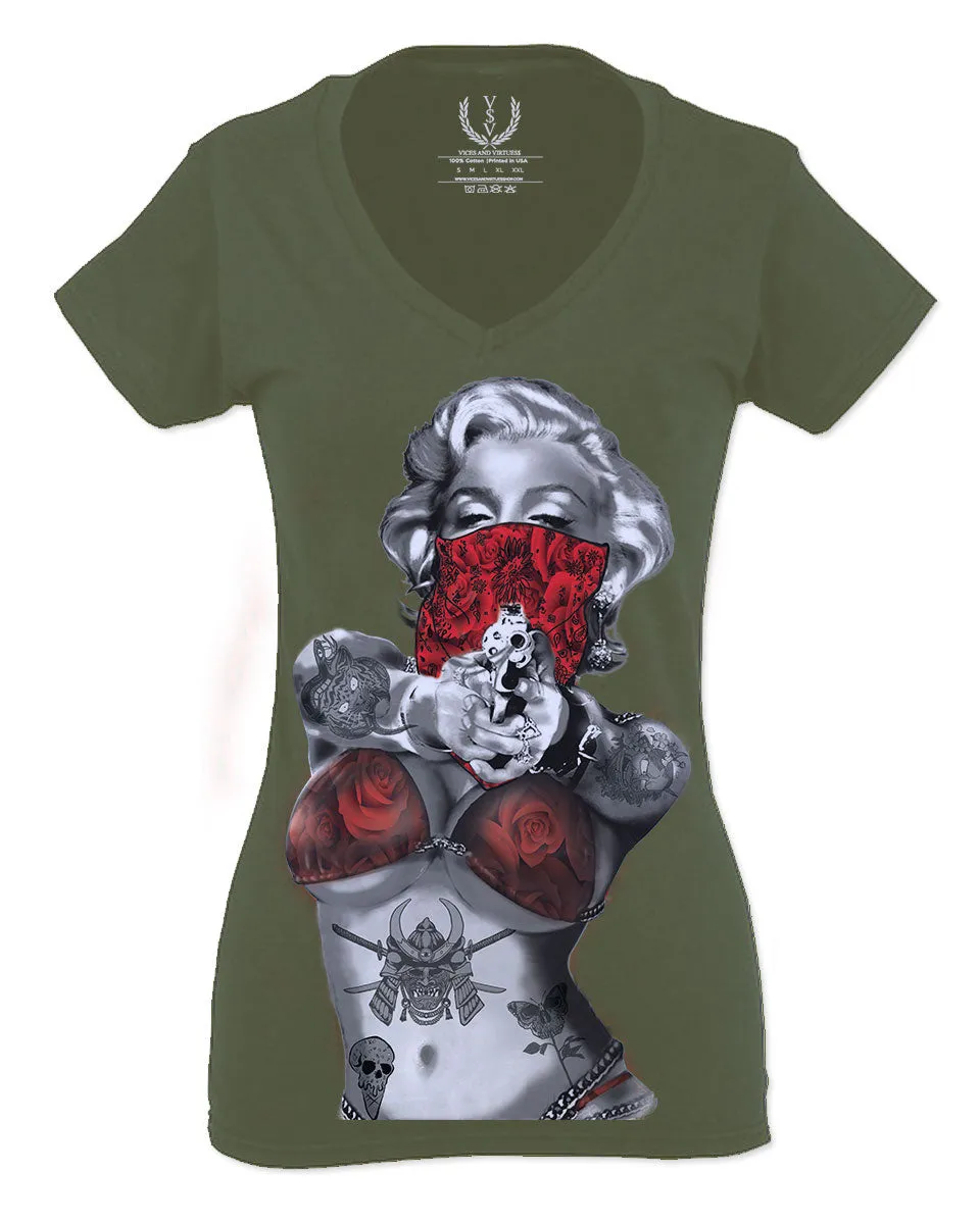 Marilyn Monroe Gangster Cool Graphic Hipster Red Roses Summer For Women V neck fitted T Shirt