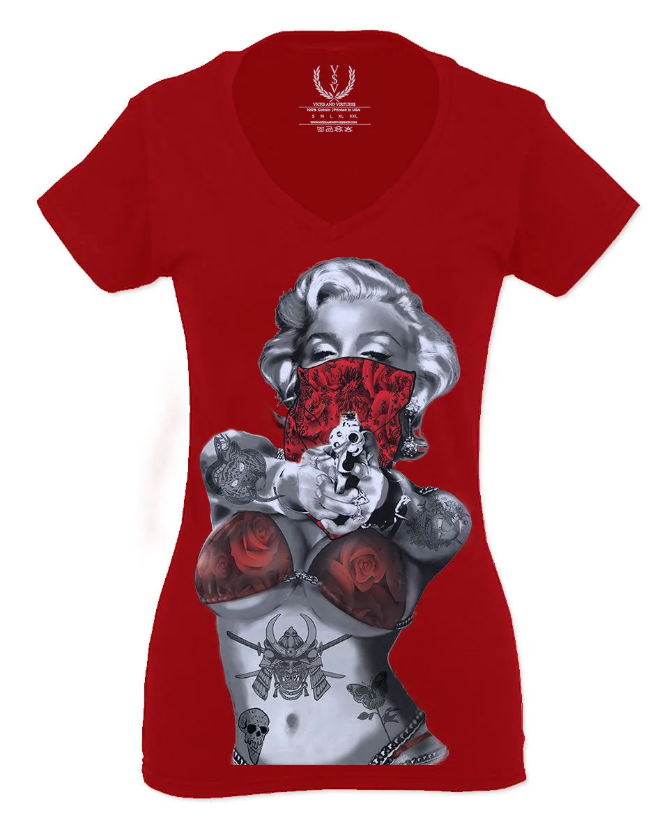 Marilyn Monroe Gangster Cool Graphic Hipster Red Roses Summer For Women V neck fitted T Shirt