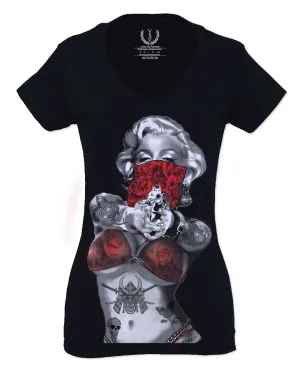 Marilyn Monroe Gangster Cool Graphic Hipster Red Roses Summer For Women V neck fitted T Shirt