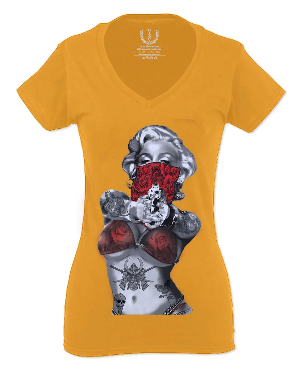 Marilyn Monroe Gangster Cool Graphic Hipster Red Roses Summer For Women V neck fitted T Shirt