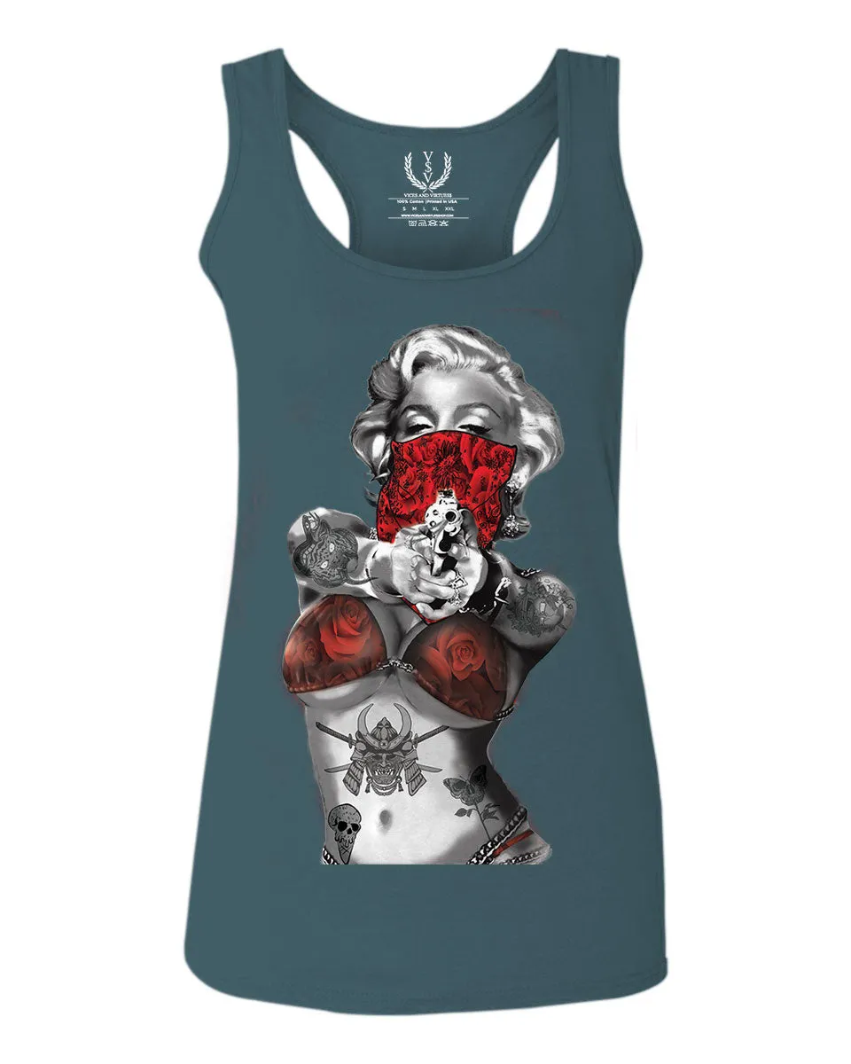 Marilyn Monroe Gangster Cool Graphic Hipster Red Roses Summer women's Tank Top sleeveless Racerback