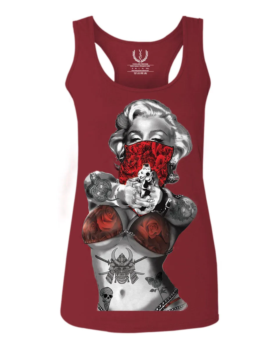 Marilyn Monroe Gangster Cool Graphic Hipster Red Roses Summer women's Tank Top sleeveless Racerback
