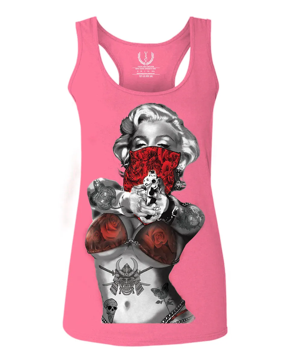 Marilyn Monroe Gangster Cool Graphic Hipster Red Roses Summer women's Tank Top sleeveless Racerback