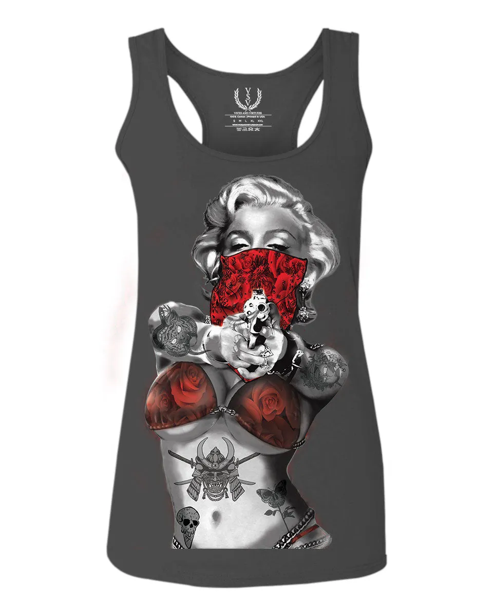 Marilyn Monroe Gangster Cool Graphic Hipster Red Roses Summer women's Tank Top sleeveless Racerback