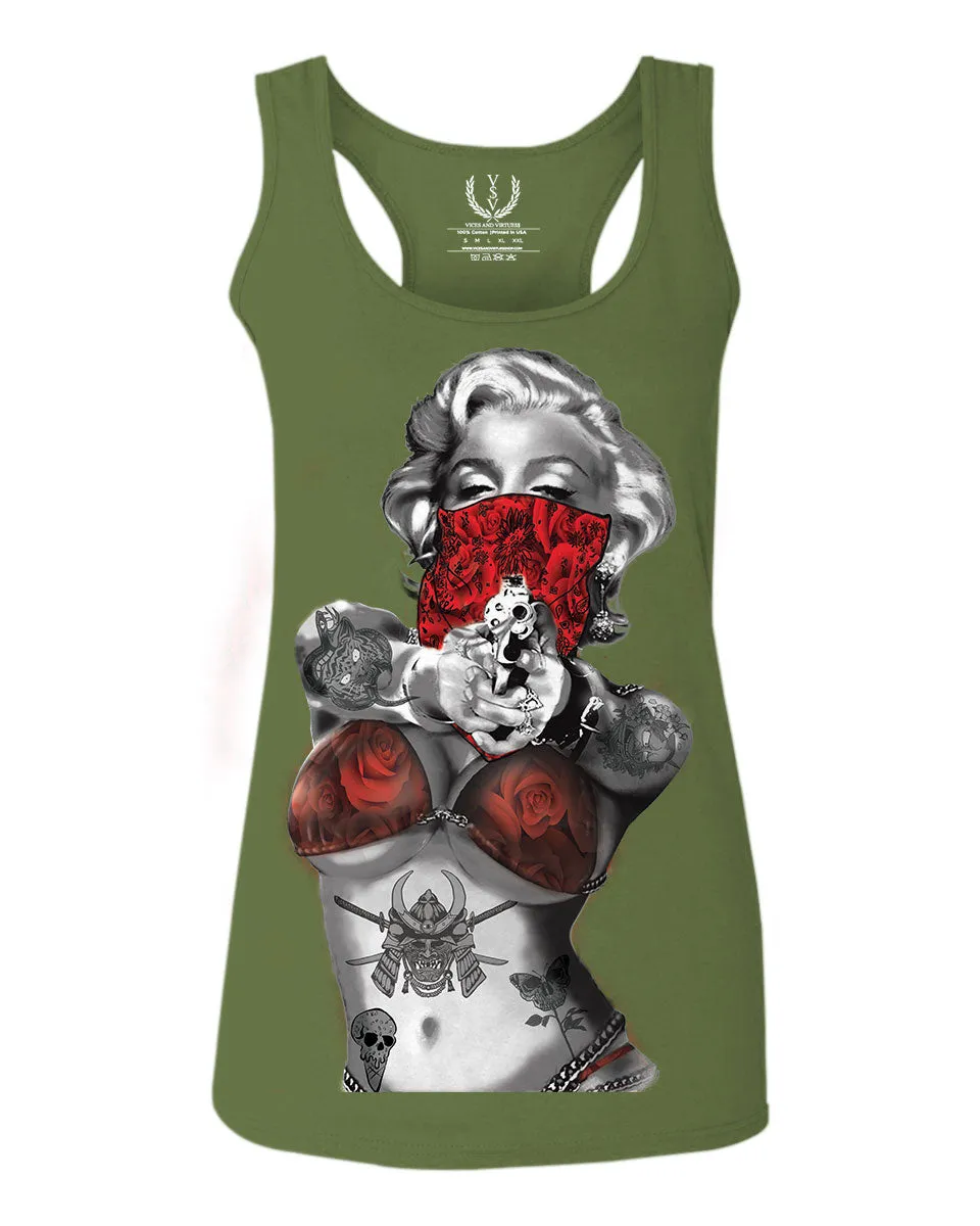 Marilyn Monroe Gangster Cool Graphic Hipster Red Roses Summer women's Tank Top sleeveless Racerback