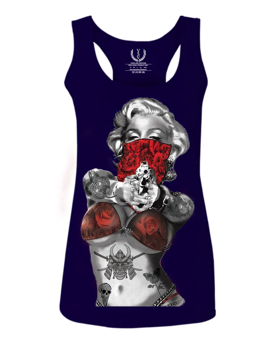 Marilyn Monroe Gangster Cool Graphic Hipster Red Roses Summer women's Tank Top sleeveless Racerback