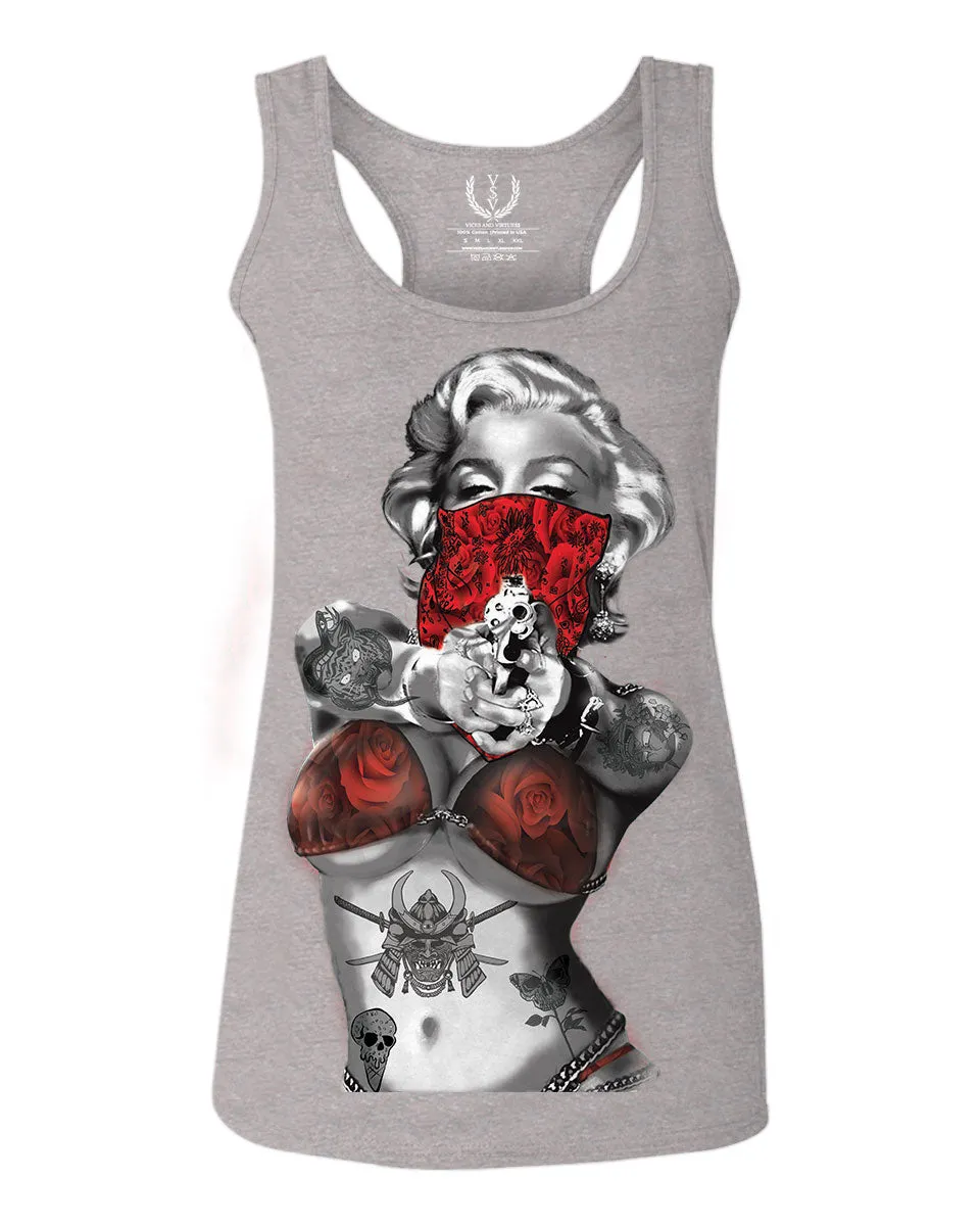 Marilyn Monroe Gangster Cool Graphic Hipster Red Roses Summer women's Tank Top sleeveless Racerback