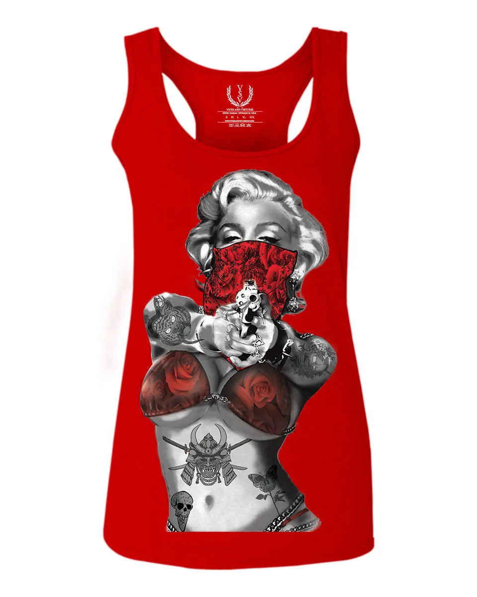 Marilyn Monroe Gangster Cool Graphic Hipster Red Roses Summer women's Tank Top sleeveless Racerback