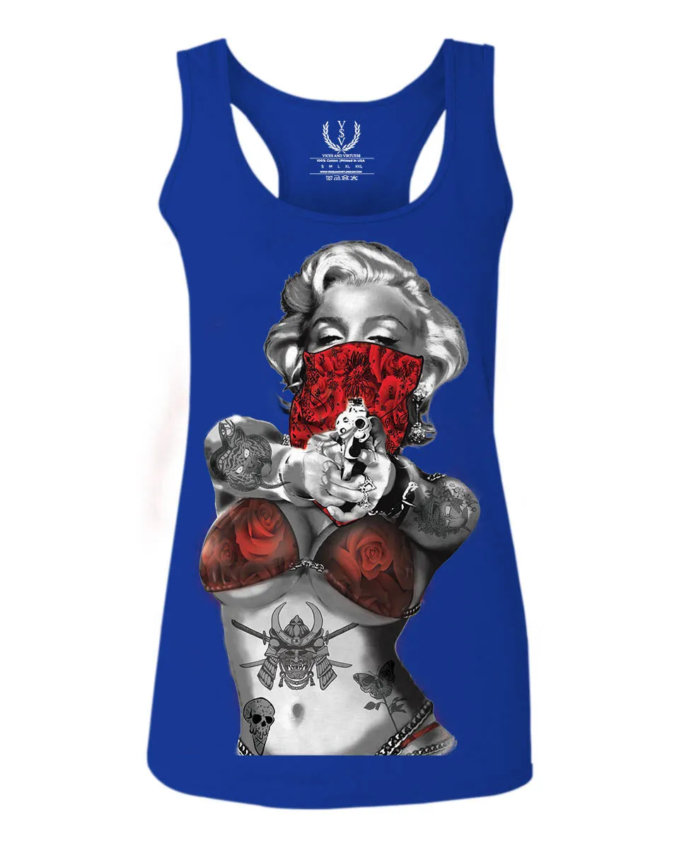 Marilyn Monroe Gangster Cool Graphic Hipster Red Roses Summer  women's Tank Top sleeveless Racerback