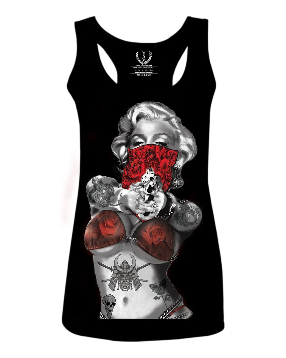 Marilyn Monroe Gangster Cool Graphic Hipster Red Roses Summer women's Tank Top sleeveless Racerback