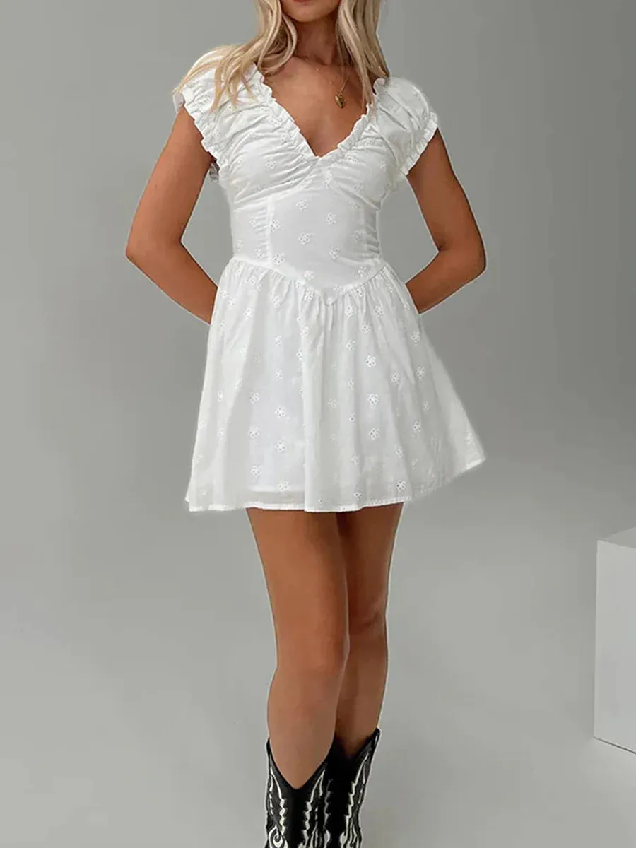Mini Sleeveless Deep V Neck Solid Color Flowy Eyelet Embroidery Casual Summer Dress