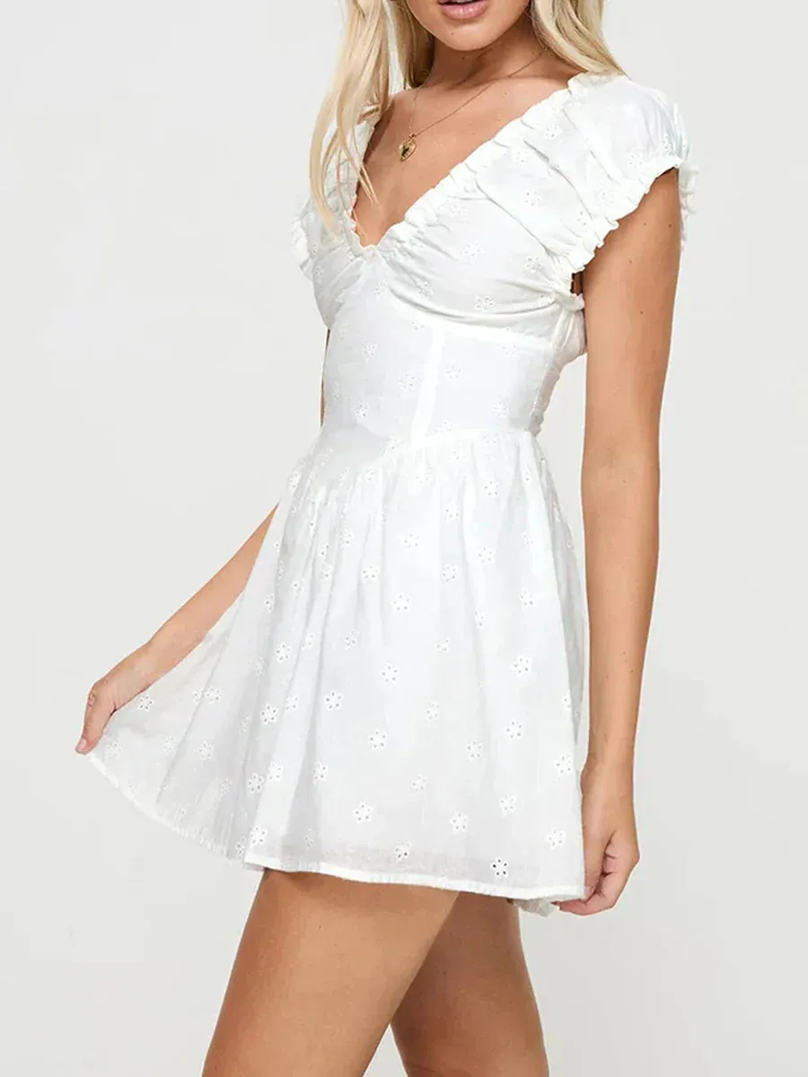 Mini Sleeveless Deep V Neck Solid Color Flowy Eyelet Embroidery Casual Summer Dress