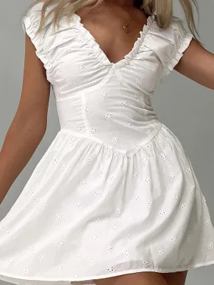 Mini Sleeveless Deep V Neck Solid Color Flowy Eyelet Embroidery Casual Summer Dress