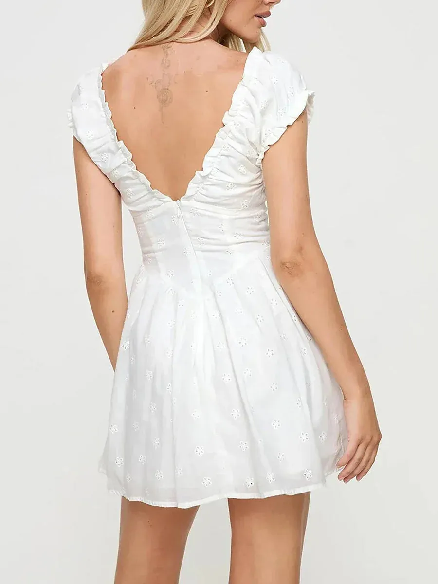 Mini Sleeveless Deep V Neck Solid Color Flowy Eyelet Embroidery Casual Summer Dress