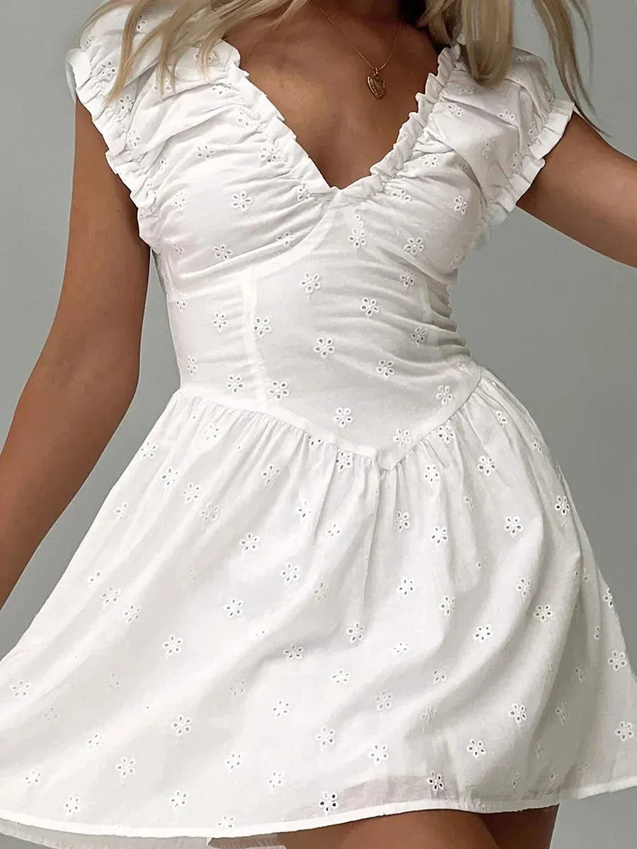 Mini Sleeveless Deep V Neck Solid Color Flowy Eyelet Embroidery Casual Summer Dress