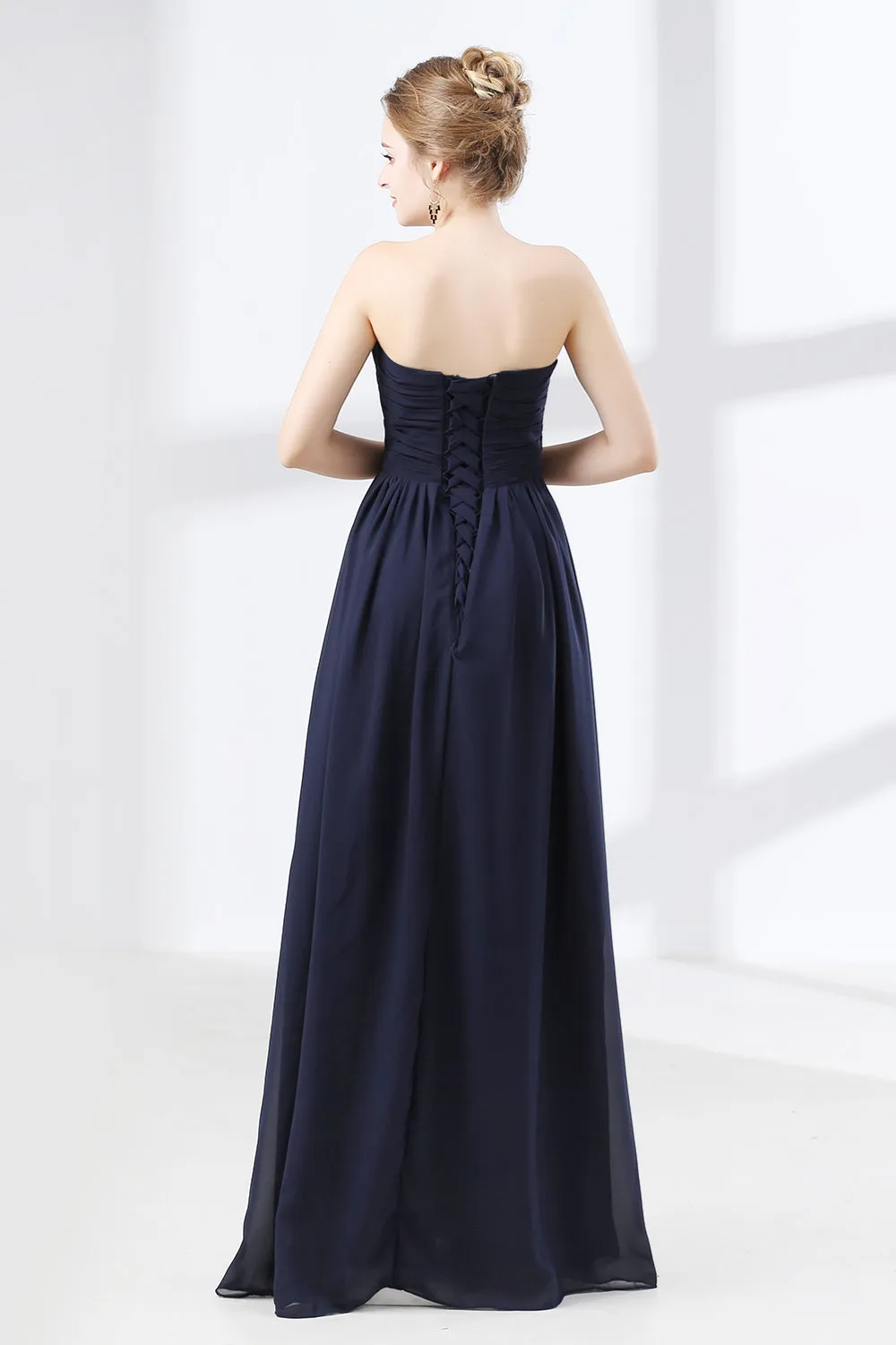 Navy Blue Sweetheart High Waist Chiffon Pleats Bridesmaid Dresses
