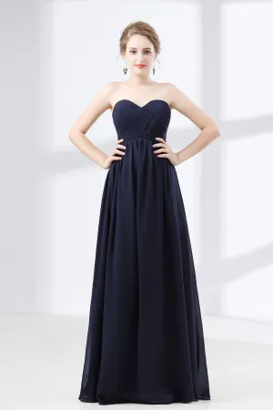 Navy Blue Sweetheart High Waist Chiffon Pleats Bridesmaid Dresses