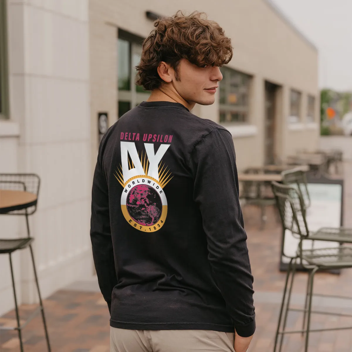 New! Delta Upsilon Comfort Colors Retro Worldwide Long Sleeve Tee