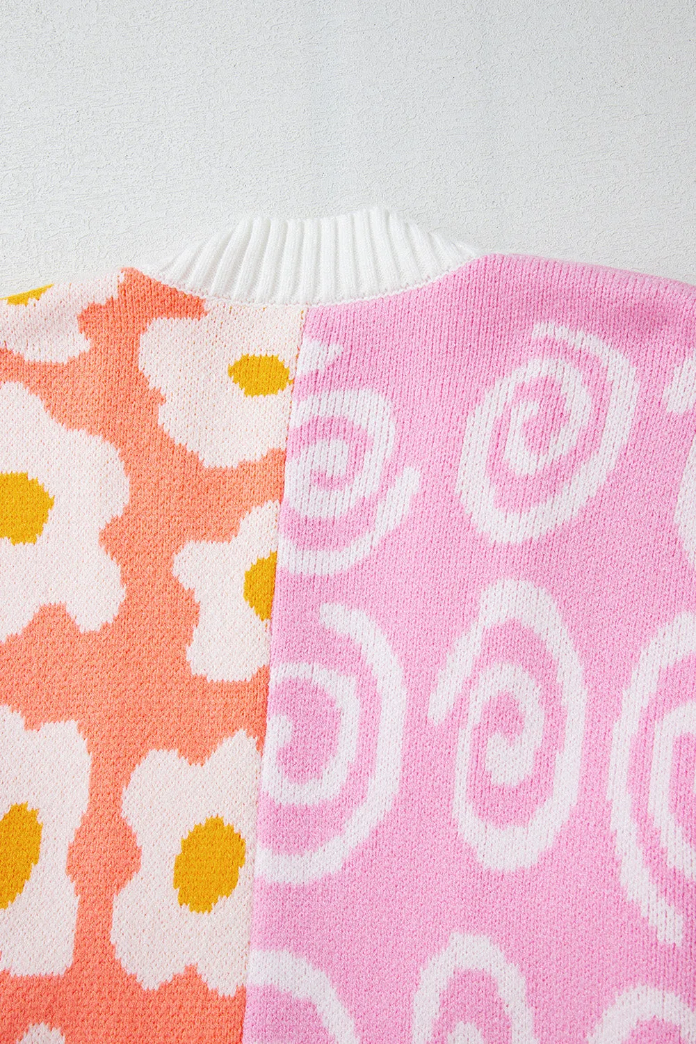 Orange Flower & Dotted Mixed Print Colorblock Open Front Cardigan