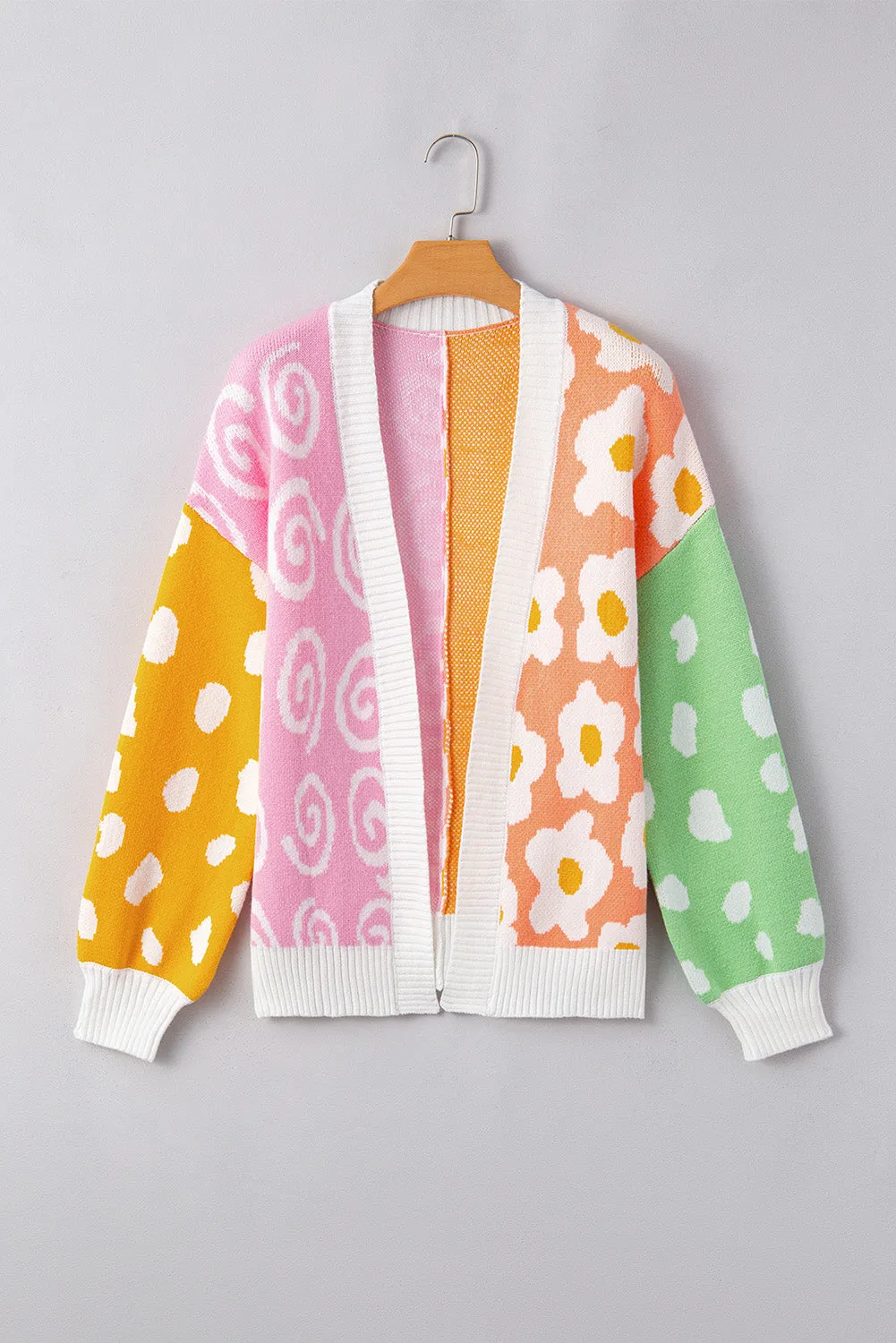 Orange Flower & Dotted Mixed Print Colorblock Open Front Cardigan