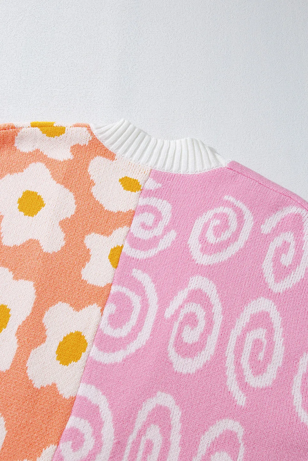 Orange Flower & Dotted Mixed Print Colorblock Open Front Cardigan
