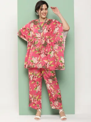 Pink Floral Print Kaftan Kurta With Pink Floral Print Palazzo.