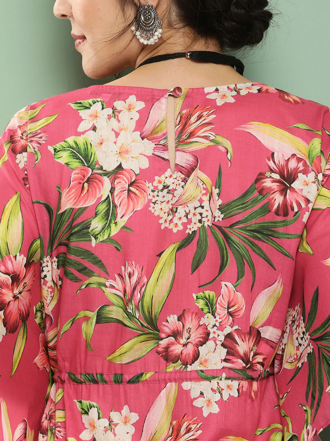 Pink Floral Print Kaftan Kurta With Pink Floral Print Palazzo.