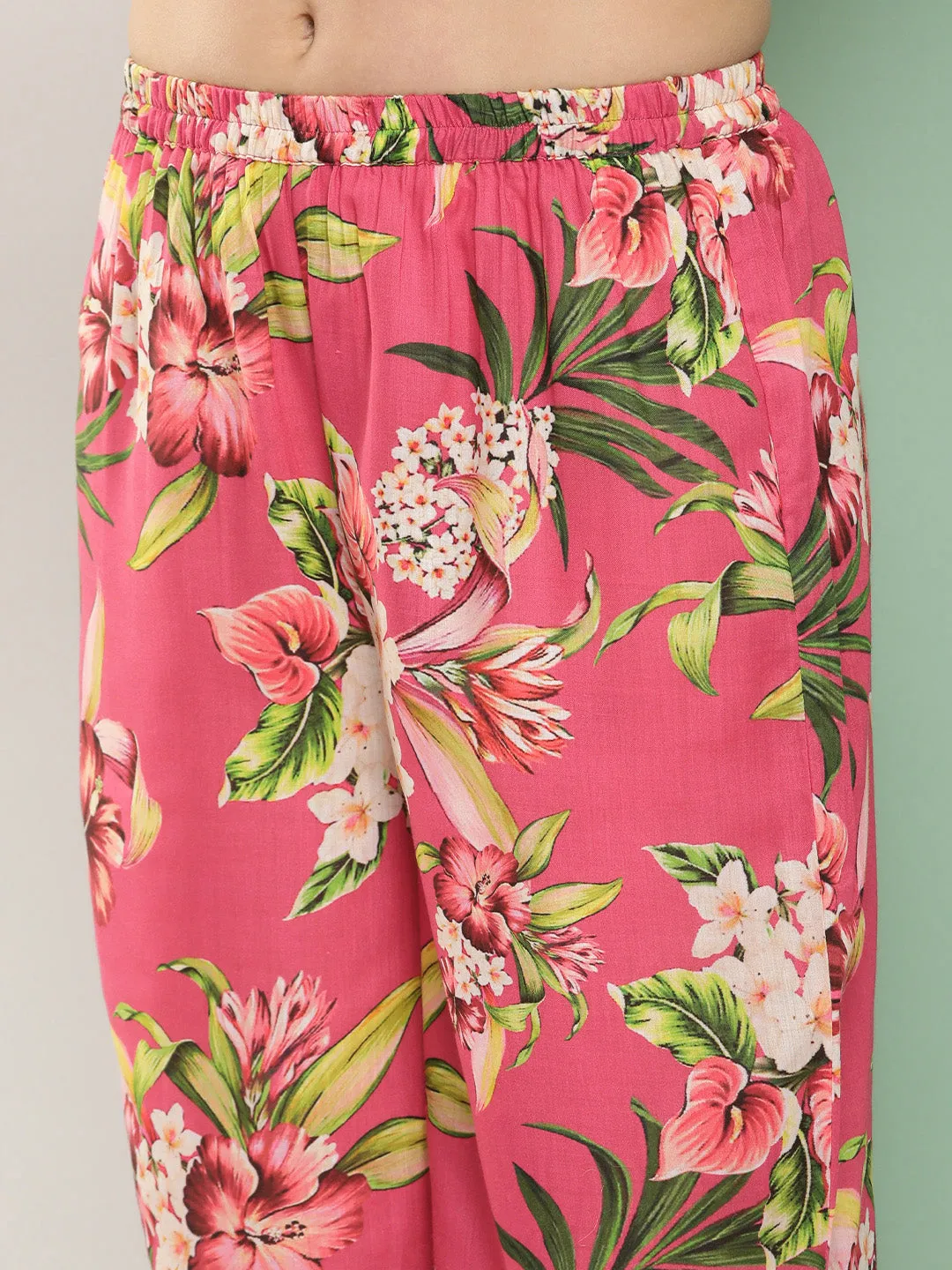 Pink Floral Print Kaftan Kurta With Pink Floral Print Palazzo.