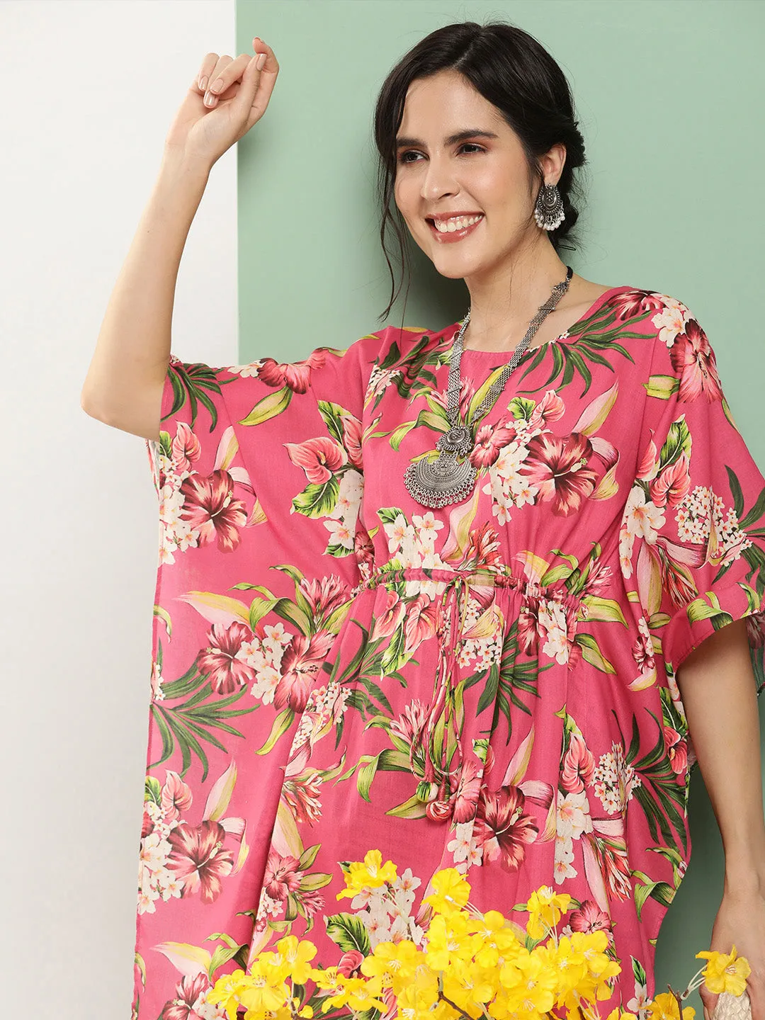 Pink Floral Print Kaftan Kurta With Pink Floral Print Palazzo.