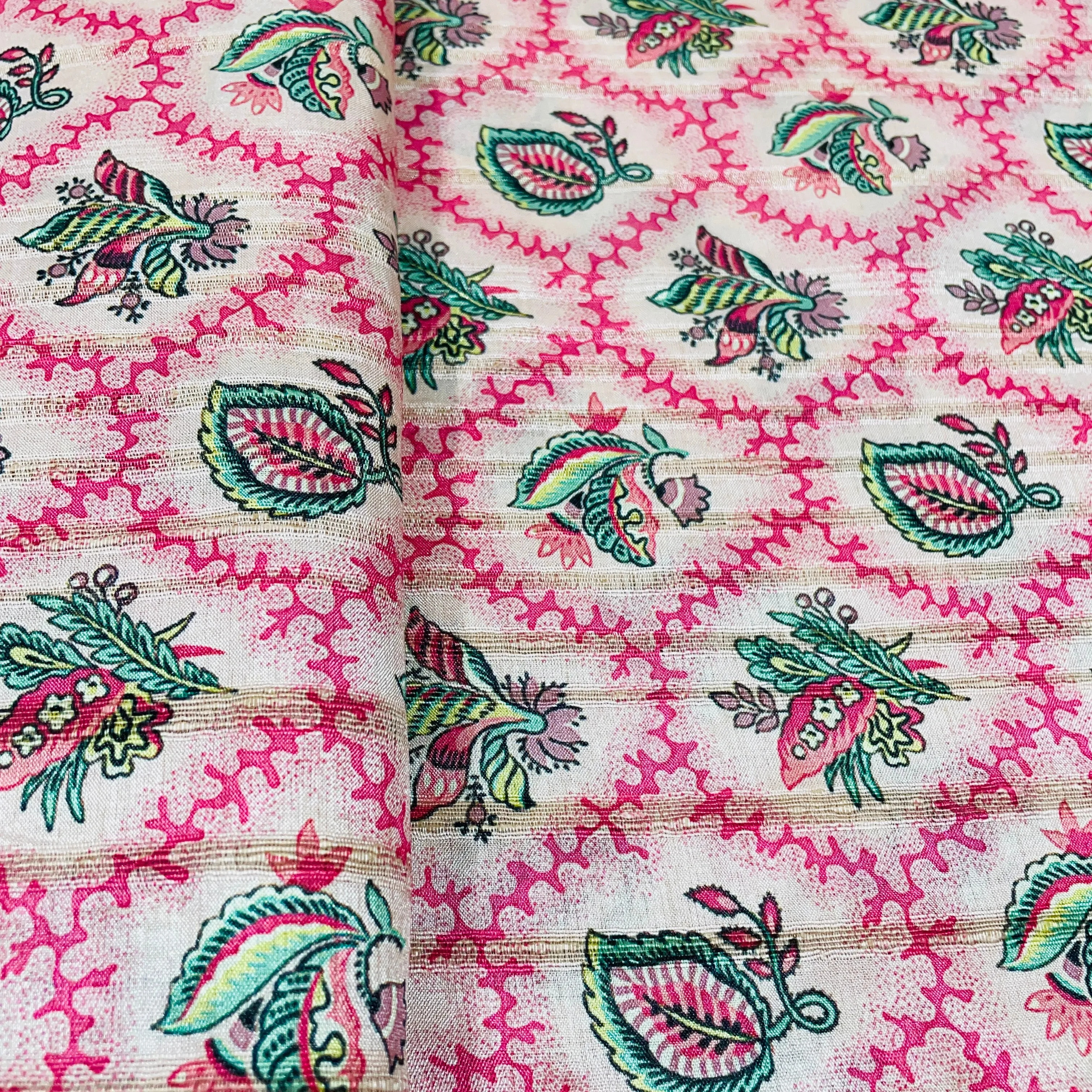 Pink Green Floral Print Tusser Silk Fabric