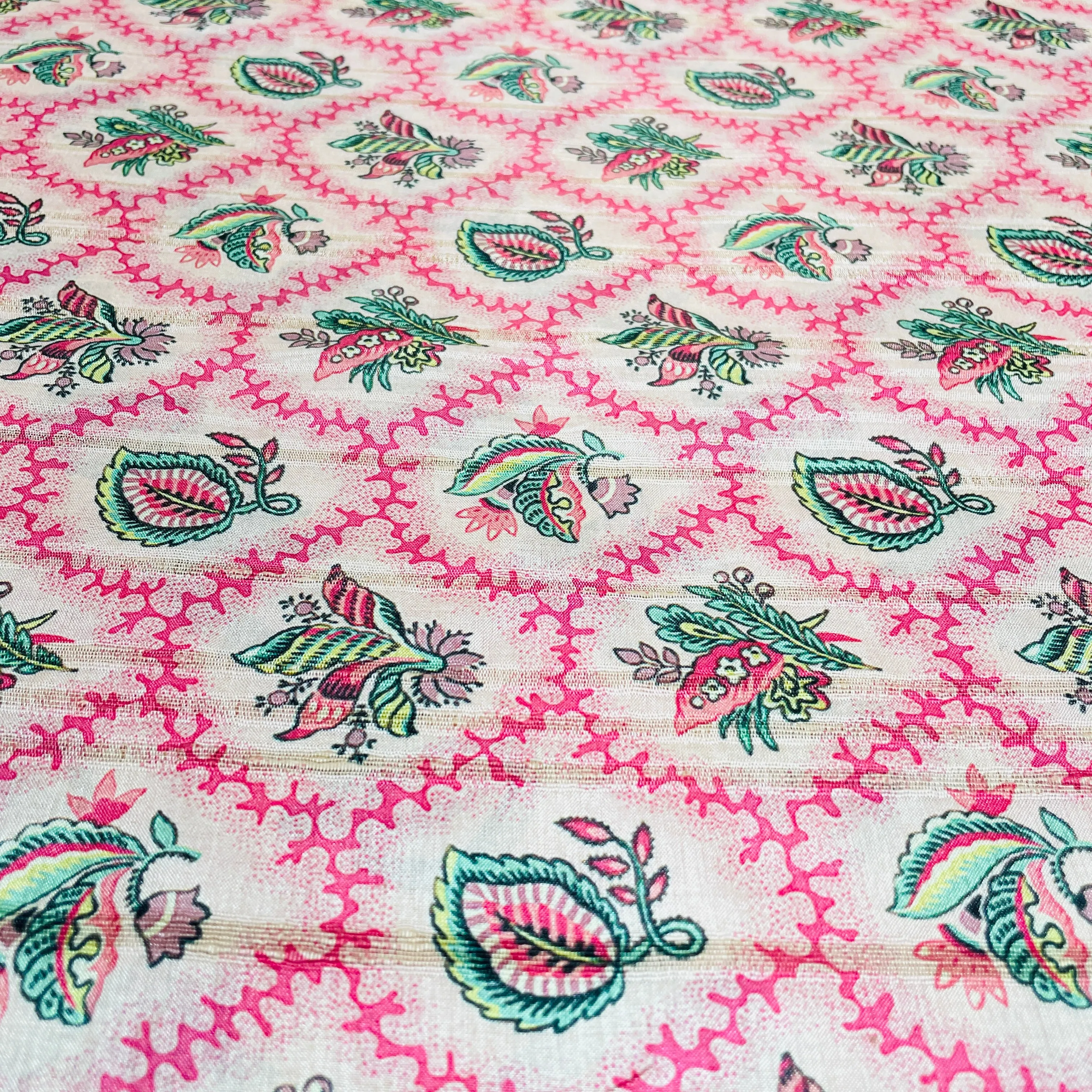 Pink Green Floral Print Tusser Silk Fabric