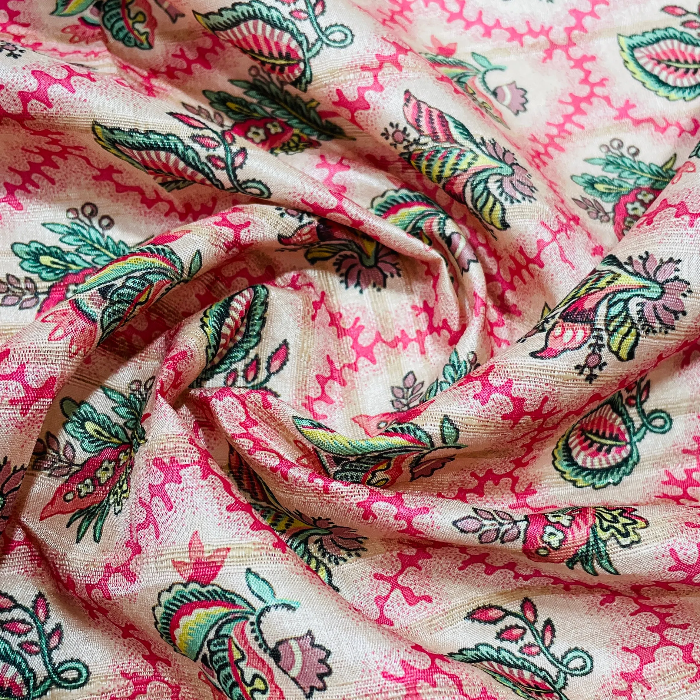 Pink Green Floral Print Tusser Silk Fabric