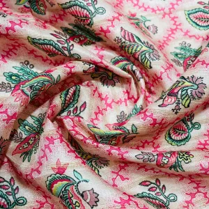 Pink Green Floral Print Tusser Silk Fabric