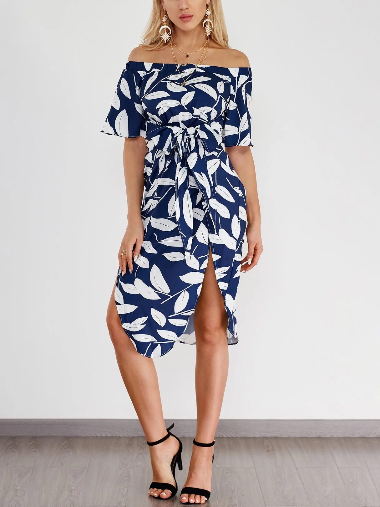 Random Floral Print Off Shoulder Splited Dress