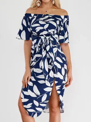 Random Floral Print Off Shoulder Splited Dress
