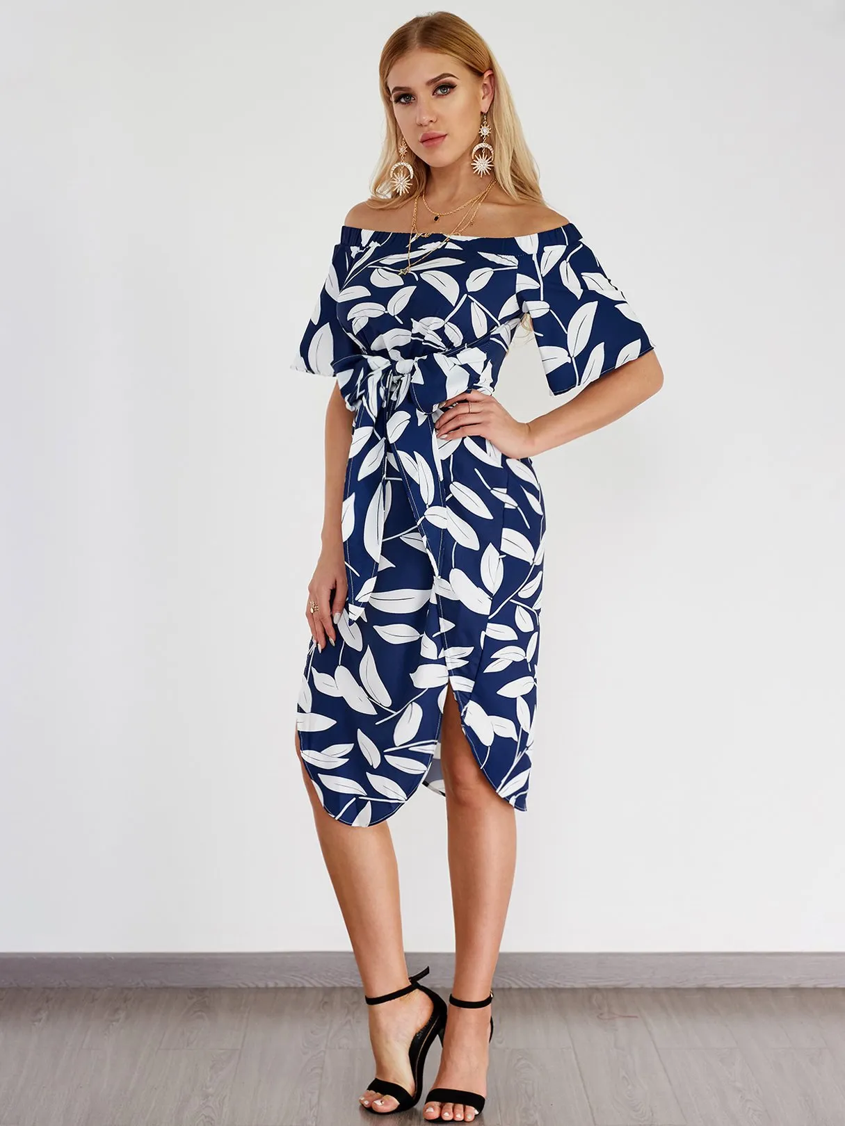 Random Floral Print Off Shoulder Splited Dress