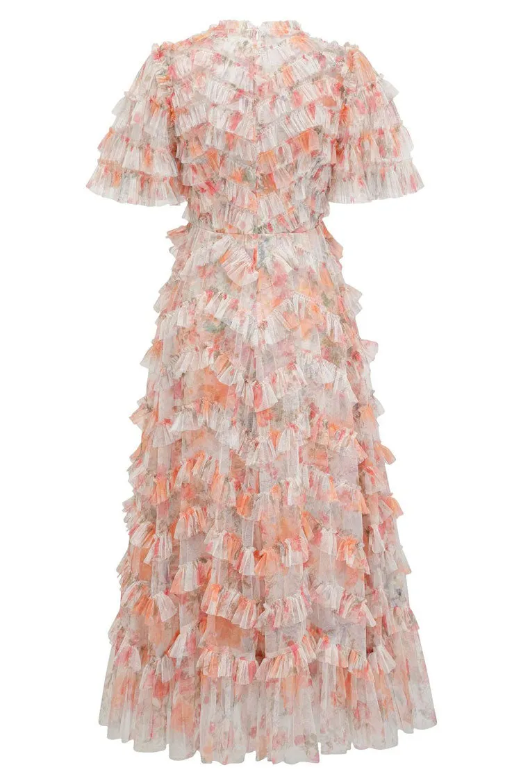 Romantic Ruffle Neck Long Sleeve Floral Tulle Layered Evening Maxi Dress - Orange
