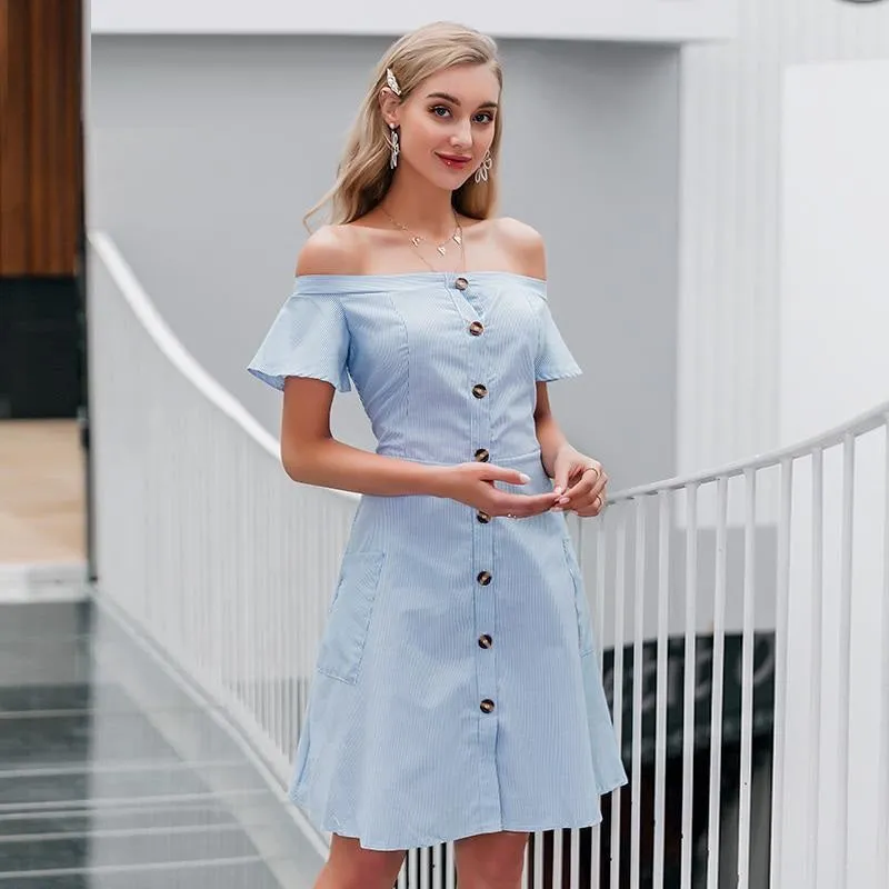 Sexy Off Shoulder Striped Elegant Office A-line Midi Dress