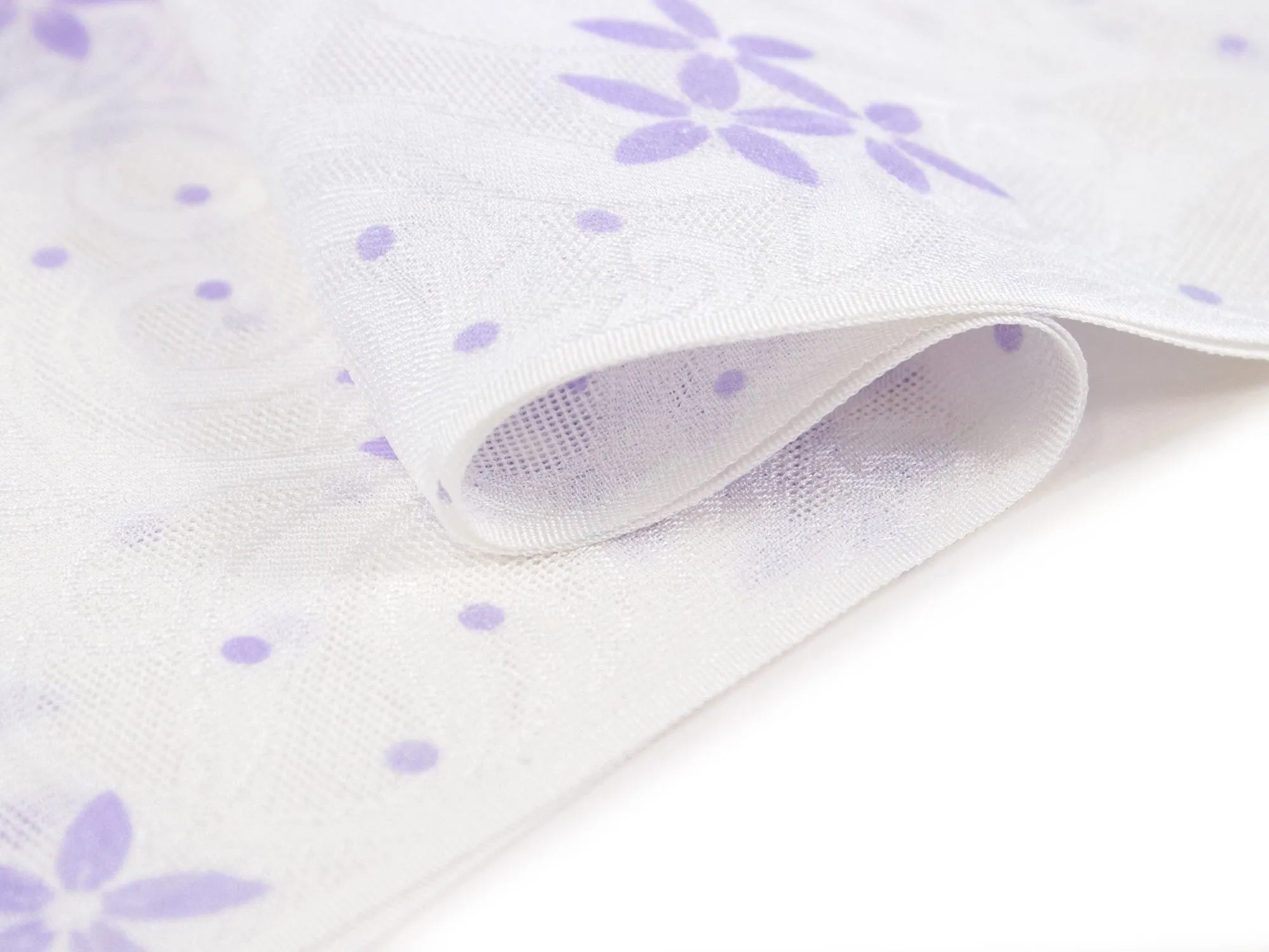 Silk Obiage,Covering Sash; Sha Leno - White Purple Flowers